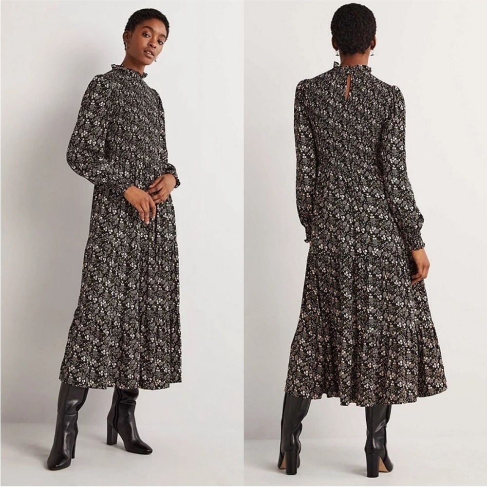 BODEN Prairie Floral Print Smocked Tiered Midi Dress. Black Green. Size 20/22 R